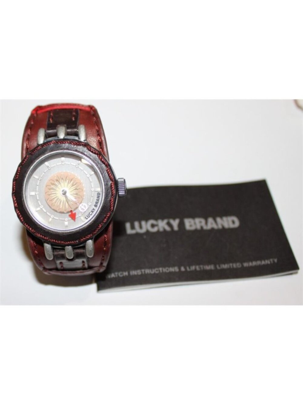 Lucky Brand Y2K Leather Band Watch Radial Sunburst Dial with Red Arrow BoHo